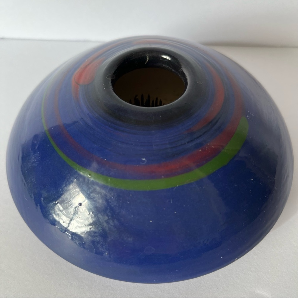 Handmade Ikebana Vase Flower Frog Blue Pottery